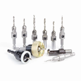 Amana Tool AMS-620 10-Pc Carbide Tipped Countersink with Adjustable Depth Stop and No-Thrust No Marring Ball Bearing Master Set