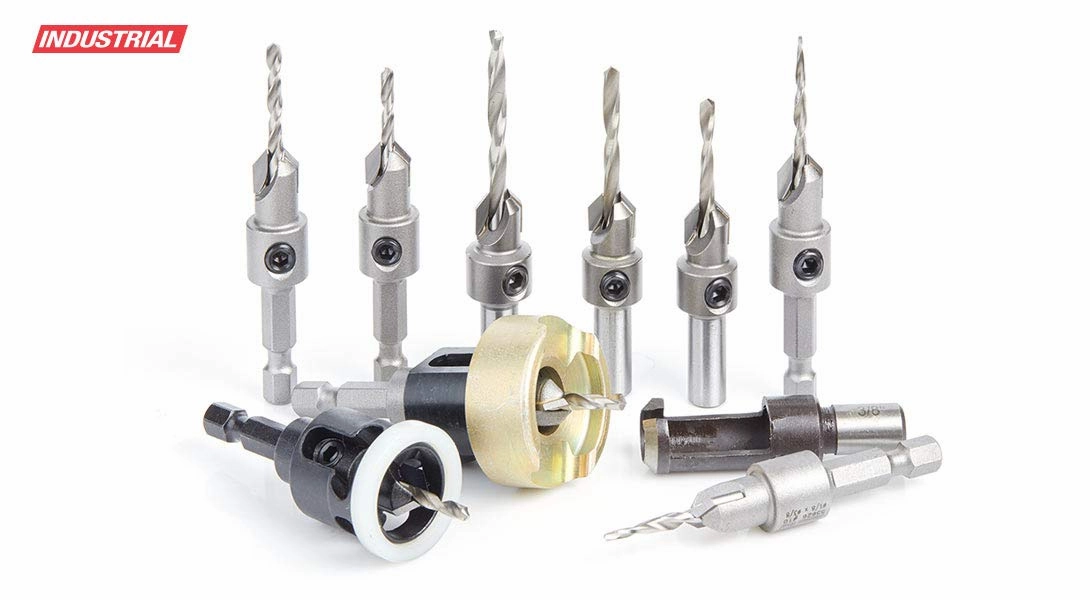 Amana Tool AMS-620 10-Pc Carbide Tipped Countersink with Adjustable Depth Stop and No-Thrust No Marring Ball Bearing Master Set