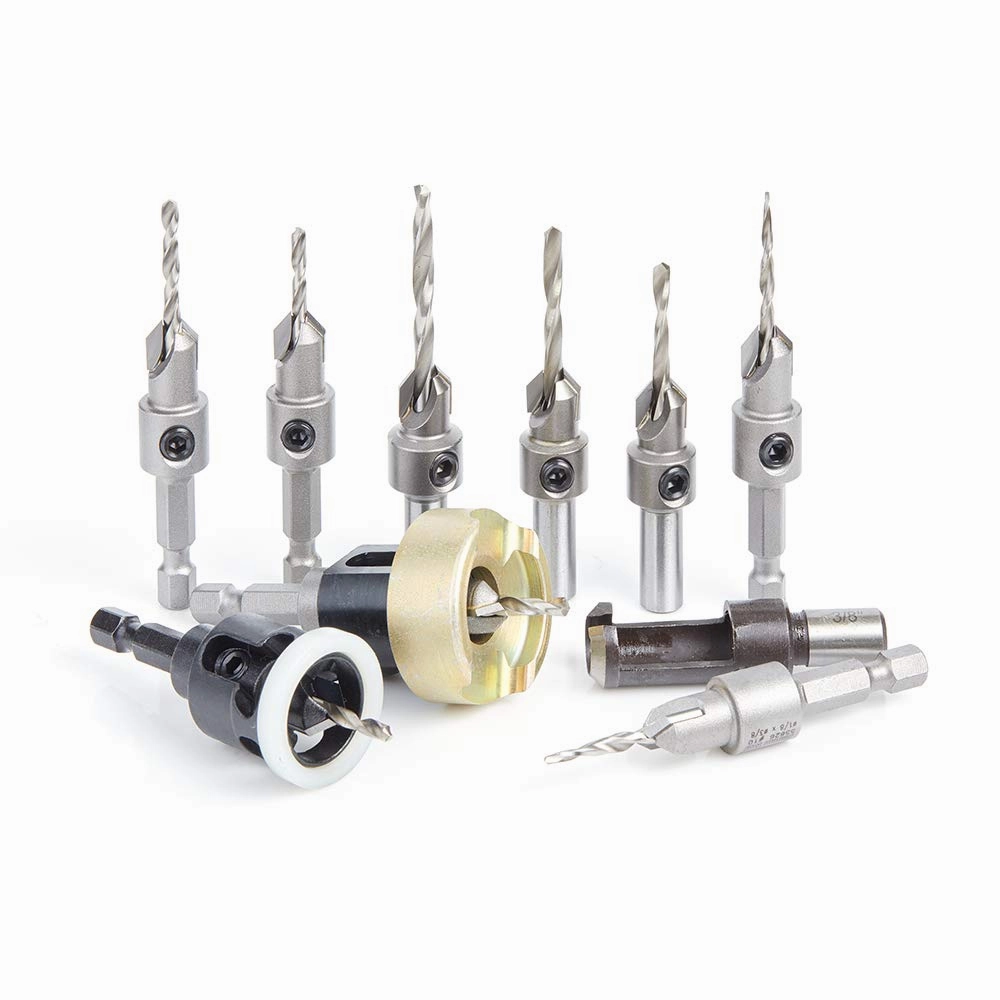 Amana Tool AMS-620 10-Pc Carbide Tipped Countersink with Adjustable Depth Stop and No-Thrust No Marring Ball Bearing Master Set