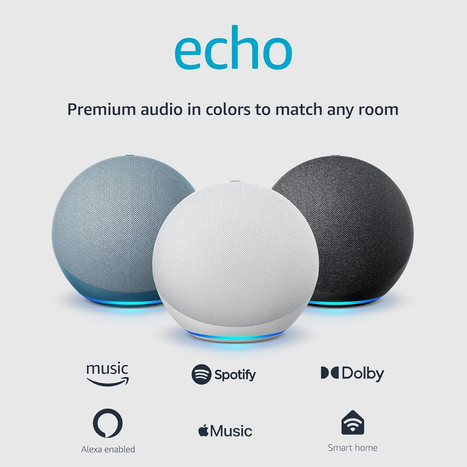 Amazon Echo (newest model), Alexa speaker with premium sound, Ideal for large bedrooms, living rooms and kitchens, Glacier White
