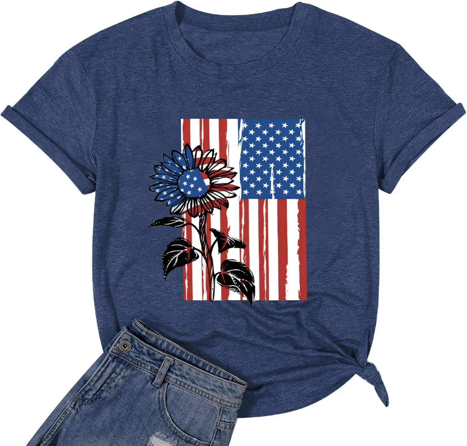 American Flag Graphic Tees for Women 4th of July Patriotic Shirts Cute Sunflower Short Sleeve Tops