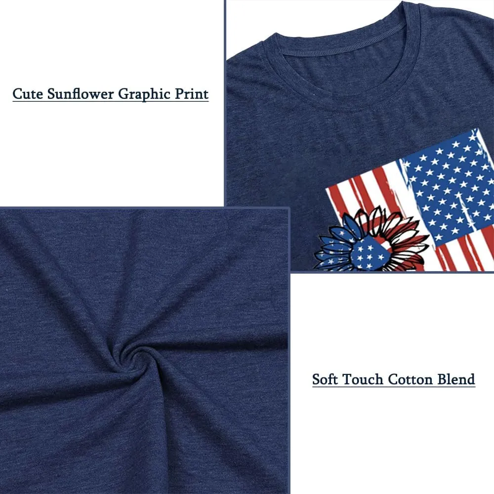 American Flag Graphic Tees for Women 4th of July Patriotic Shirts Cute Sunflower Short Sleeve Tops