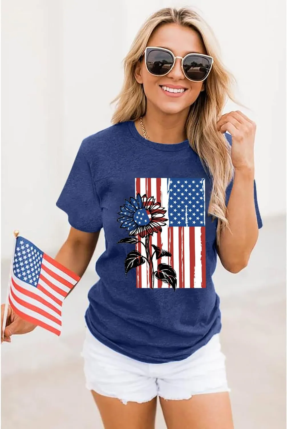 American Flag Graphic Tees for Women 4th of July Patriotic Shirts Cute Sunflower Short Sleeve Tops