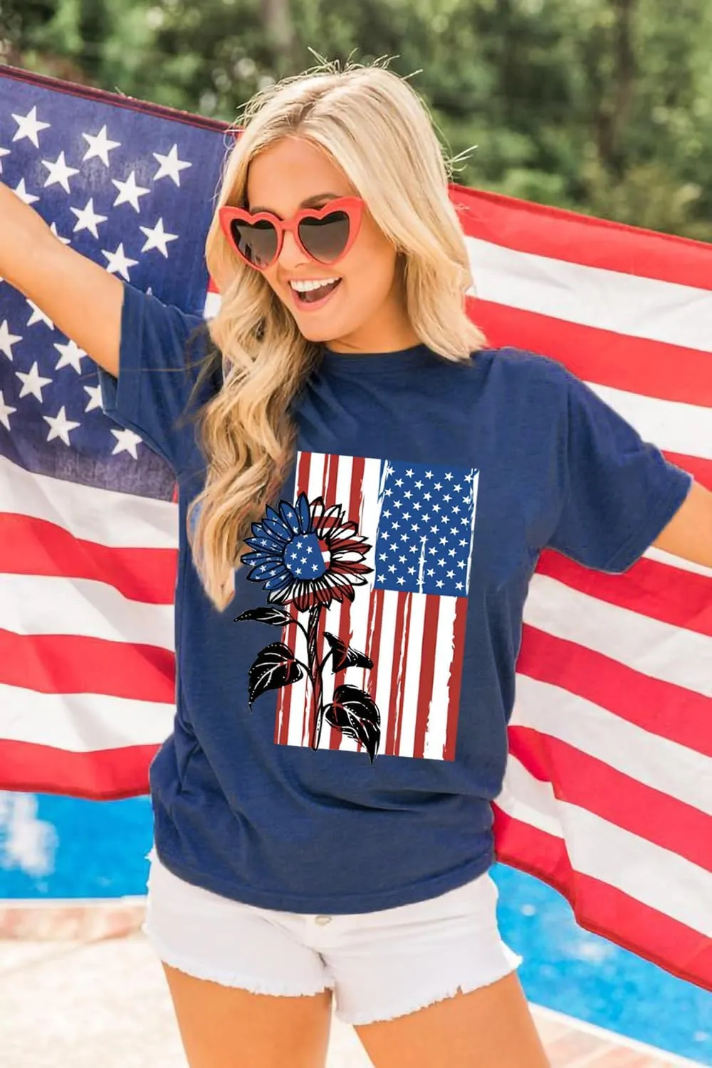 American Flag Graphic Tees for Women 4th of July Patriotic Shirts Cute Sunflower Short Sleeve Tops