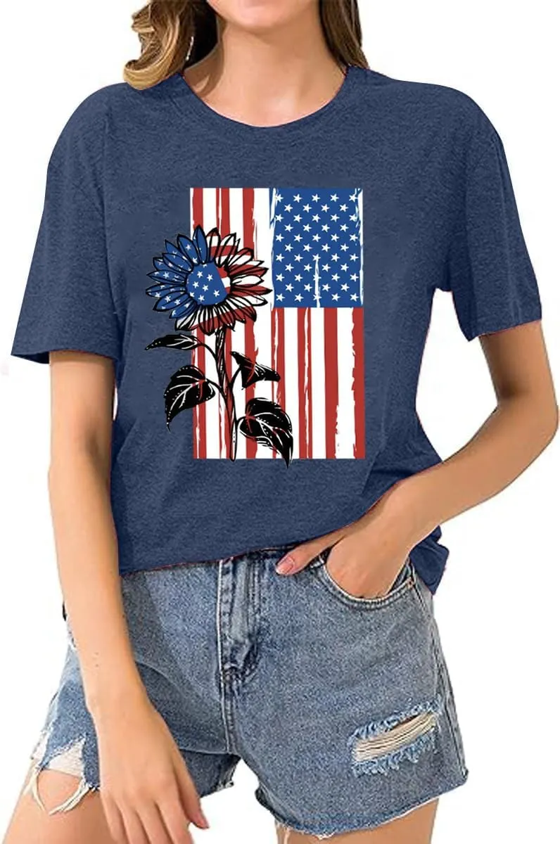 American Flag Graphic Tees for Women 4th of July Patriotic Shirts Cute Sunflower Short Sleeve Tops