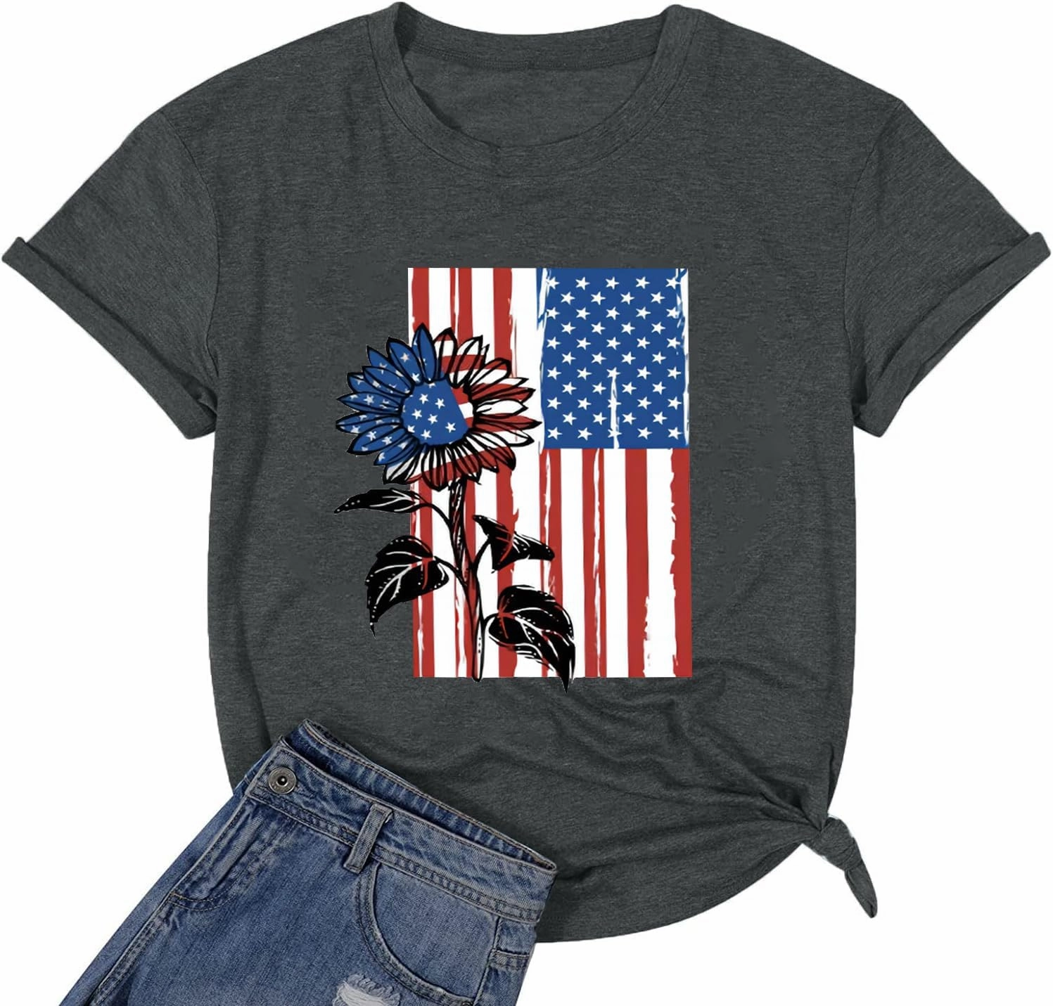 American Flag Graphic Tees for Women 4th of July Patriotic Shirts Cute Sunflower Short Sleeve Tops