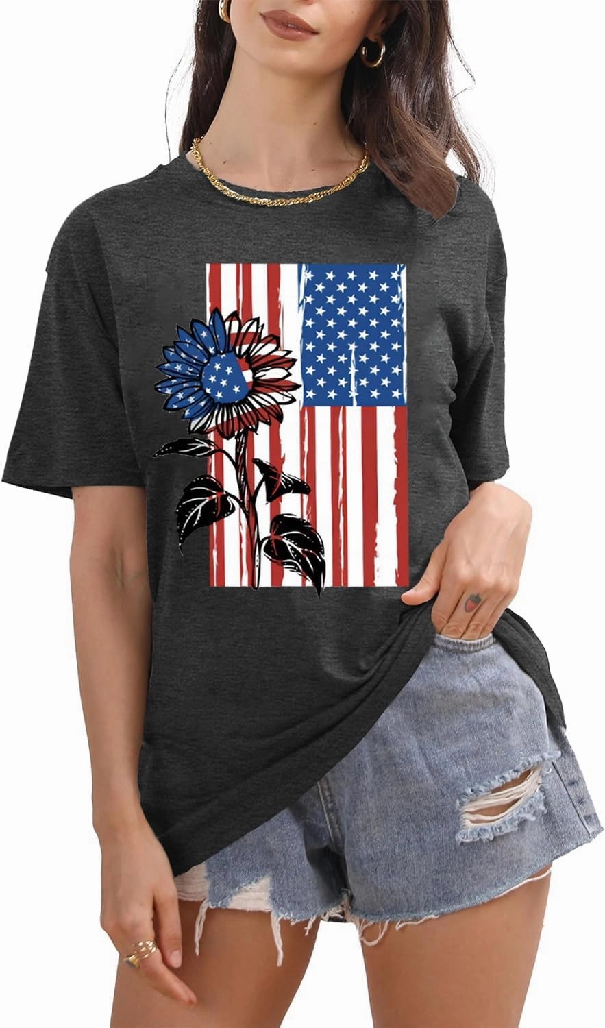 American Flag Graphic Tees for Women 4th of July Patriotic Shirts Cute Sunflower Short Sleeve Tops