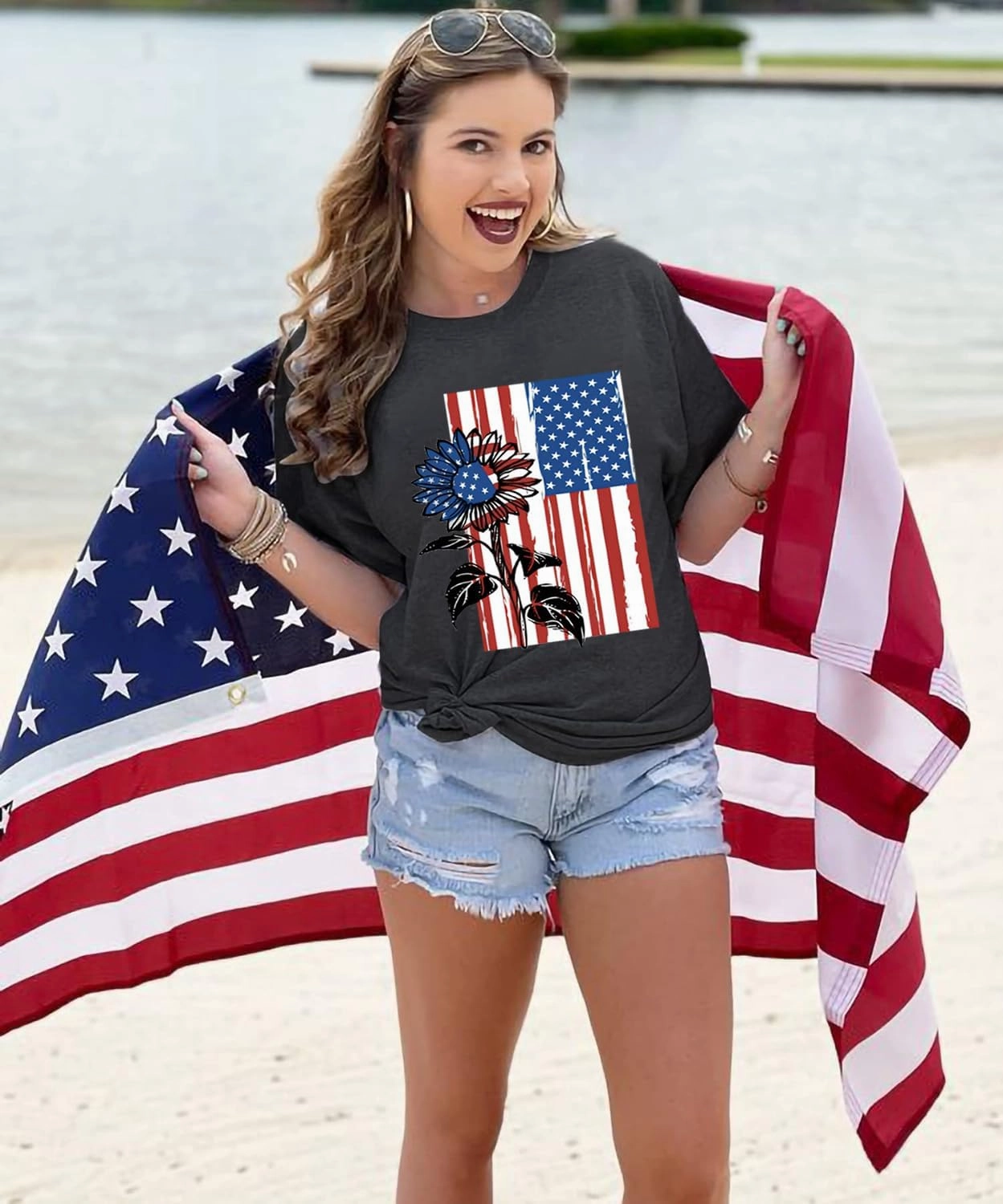 American Flag Graphic Tees for Women 4th of July Patriotic Shirts Cute Sunflower Short Sleeve Tops