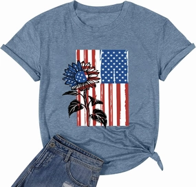 American Flag Graphic Tees for Women 4th of July Patriotic Shirts Cute Sunflower Short Sleeve Tops