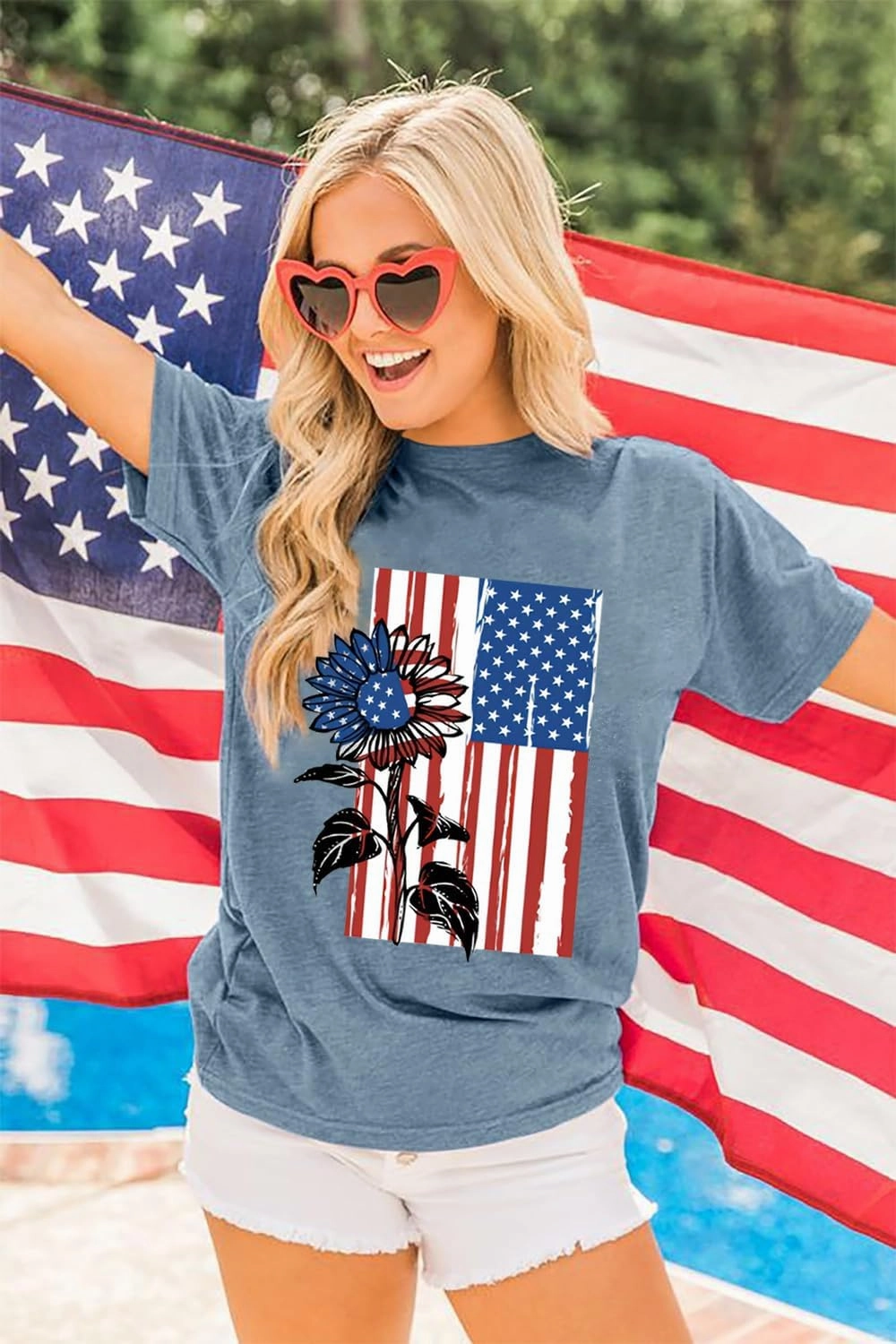 American Flag Graphic Tees for Women 4th of July Patriotic Shirts Cute Sunflower Short Sleeve Tops