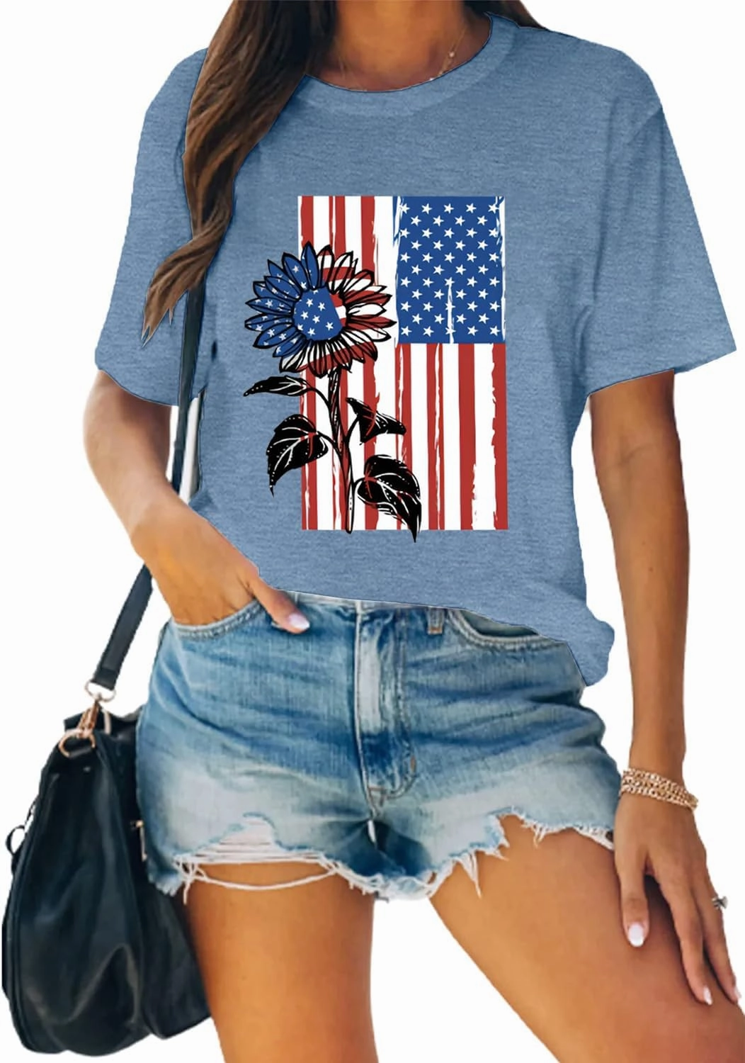 American Flag Graphic Tees for Women 4th of July Patriotic Shirts Cute Sunflower Short Sleeve Tops