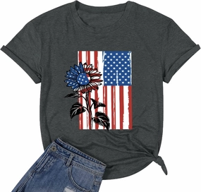 American Flag Graphic Tees for Women 4th of July Patriotic Shirts Cute Sunflower Short Sleeve Tops