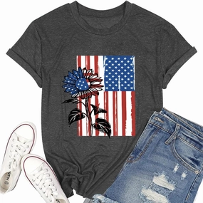American Flag Graphic Tees for Women 4th of July Patriotic Shirts Cute Sunflower Short Sleeve Tops
