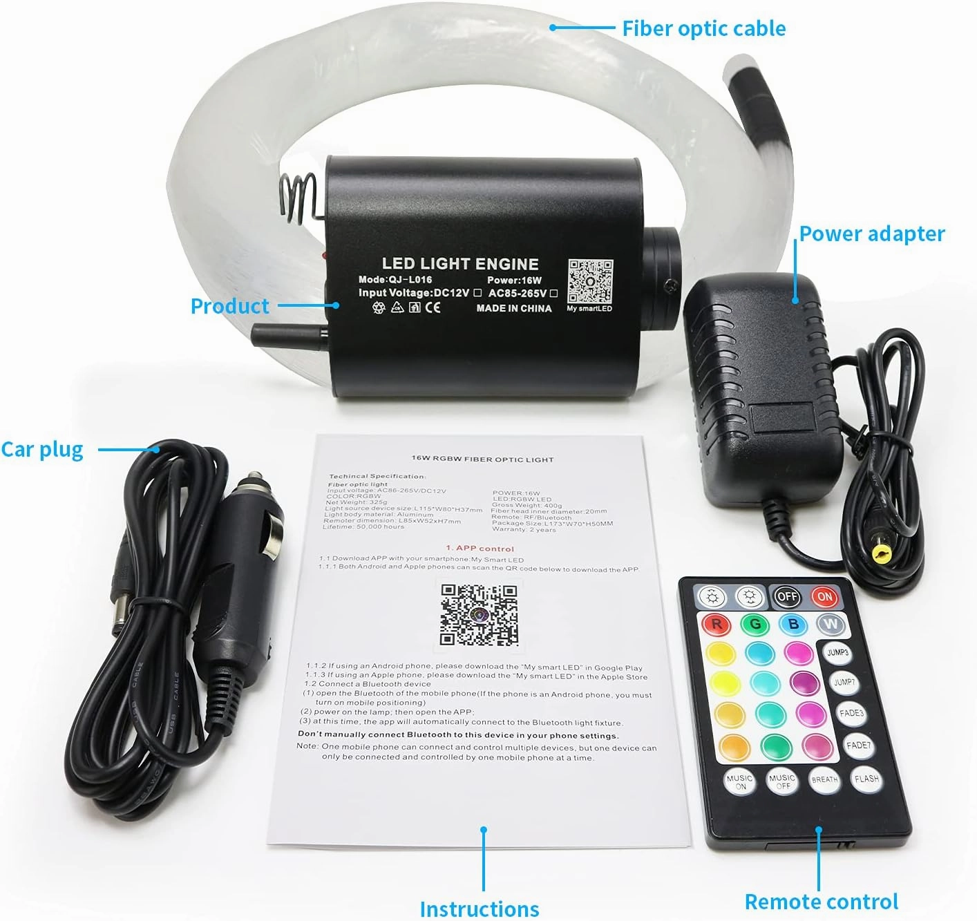 AMKI 16W Fiber Optic Lights,Starlight Headliner Light Kit APP/Remote Control Sound Activated Mode for Car&Home Decoration,Optical Fiber Cable Strands 0.75mm/0.03in 13.1ft/4m 550pcs