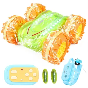 Amphibious Remote Control Car, 4WD RC Stunt Cars Waterproof 360°Rotation Gesture Drift Car with Lights, 2.4Ghz All Terrain Pool Land Toys Gift for 6-14 Ages Kids Boys Girls (Transparent Green)