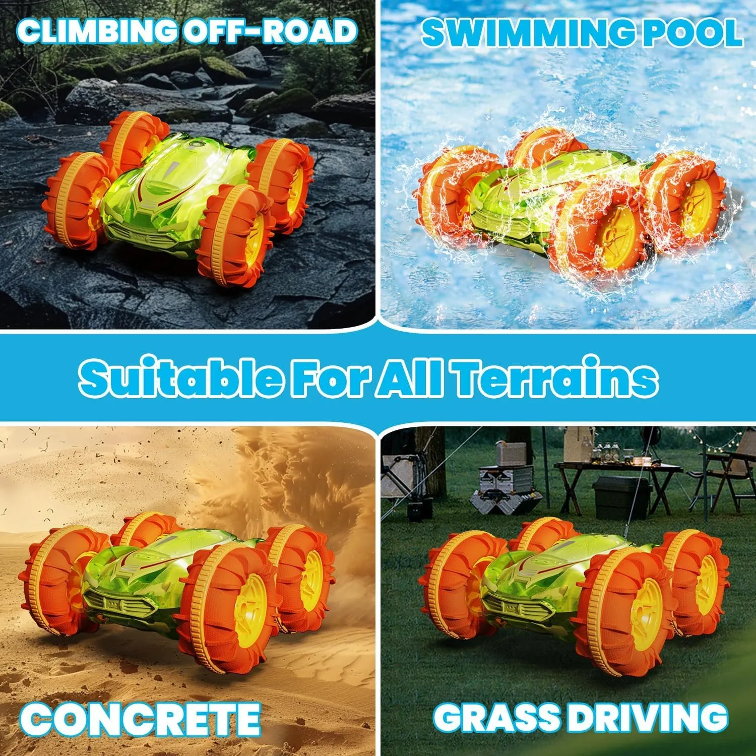 Amphibious Remote Control Car, 4WD RC Stunt Cars Waterproof 360°Rotation Gesture Drift Car with Lights, 2.4Ghz All Terrain Pool Land Toys Gift for 6-14 Ages Kids Boys Girls (Transparent Green)