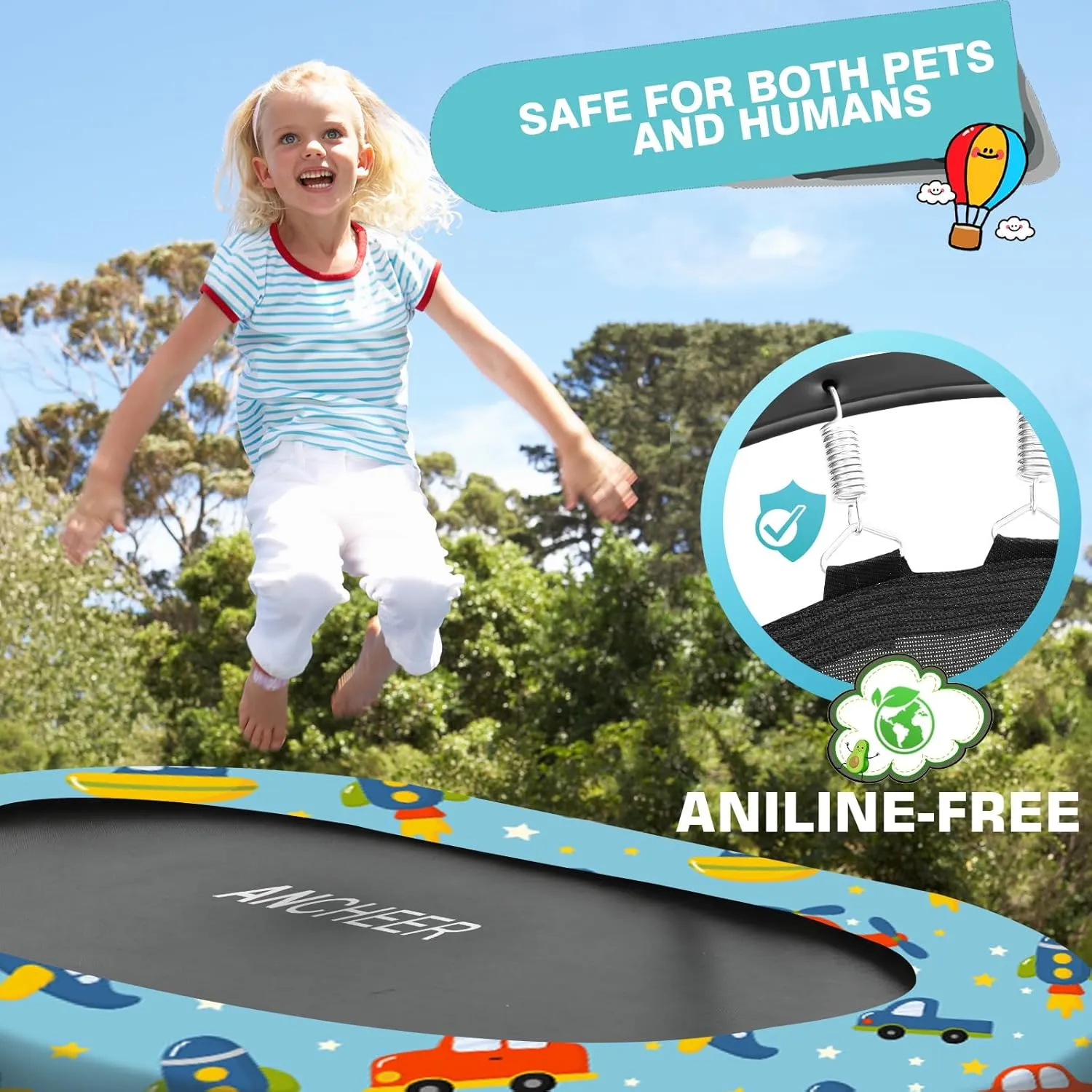 ANCHEER 56" Double Kids Trampoline with Adjustable Handlebar, 220lbs Capacity - Indoor/Outdoor Foldable Jumper for 2  Users (ASTM Certified)