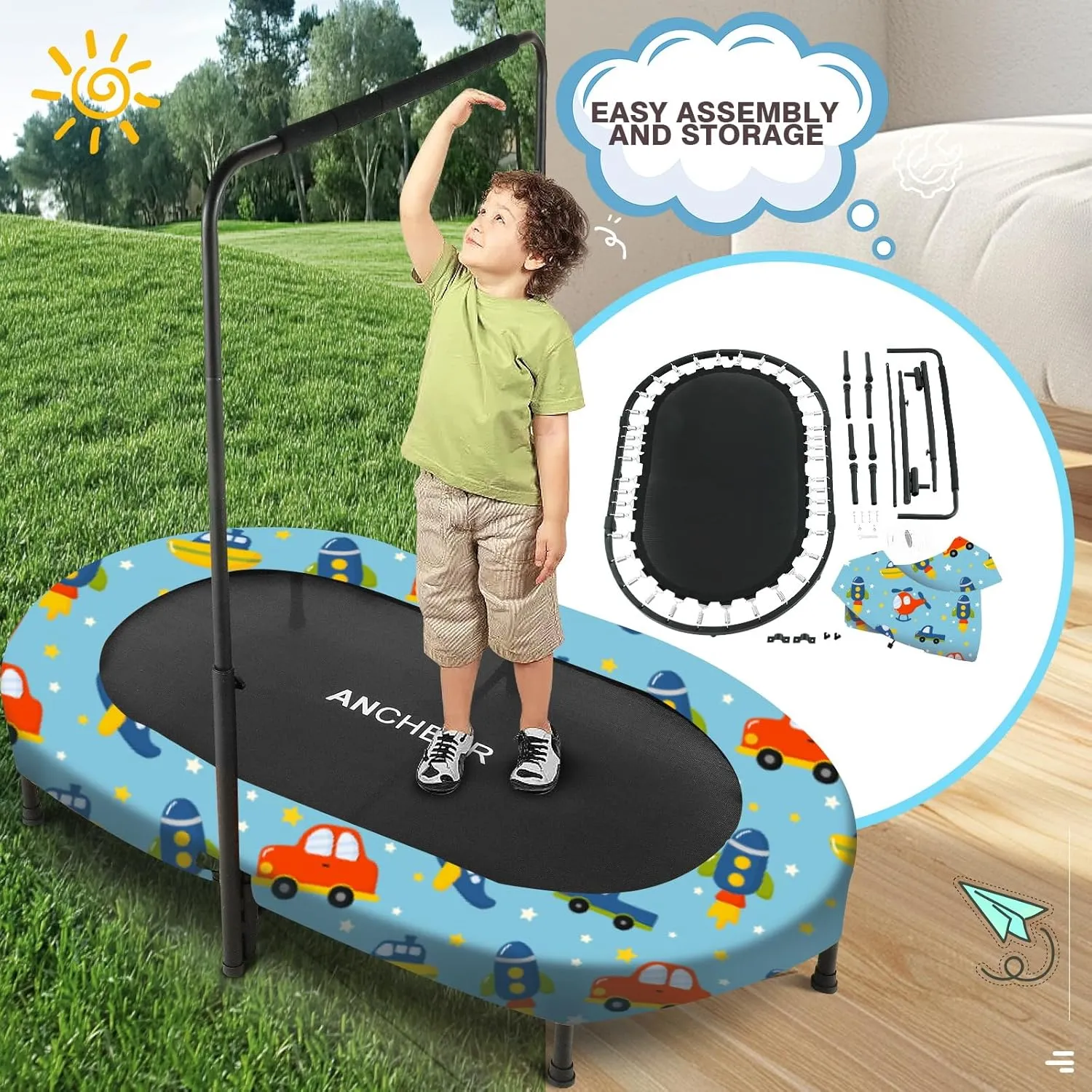 ANCHEER 56" Double Kids Trampoline with Adjustable Handlebar, 220lbs Capacity - Indoor/Outdoor Foldable Jumper for 2  Users (ASTM Certified)