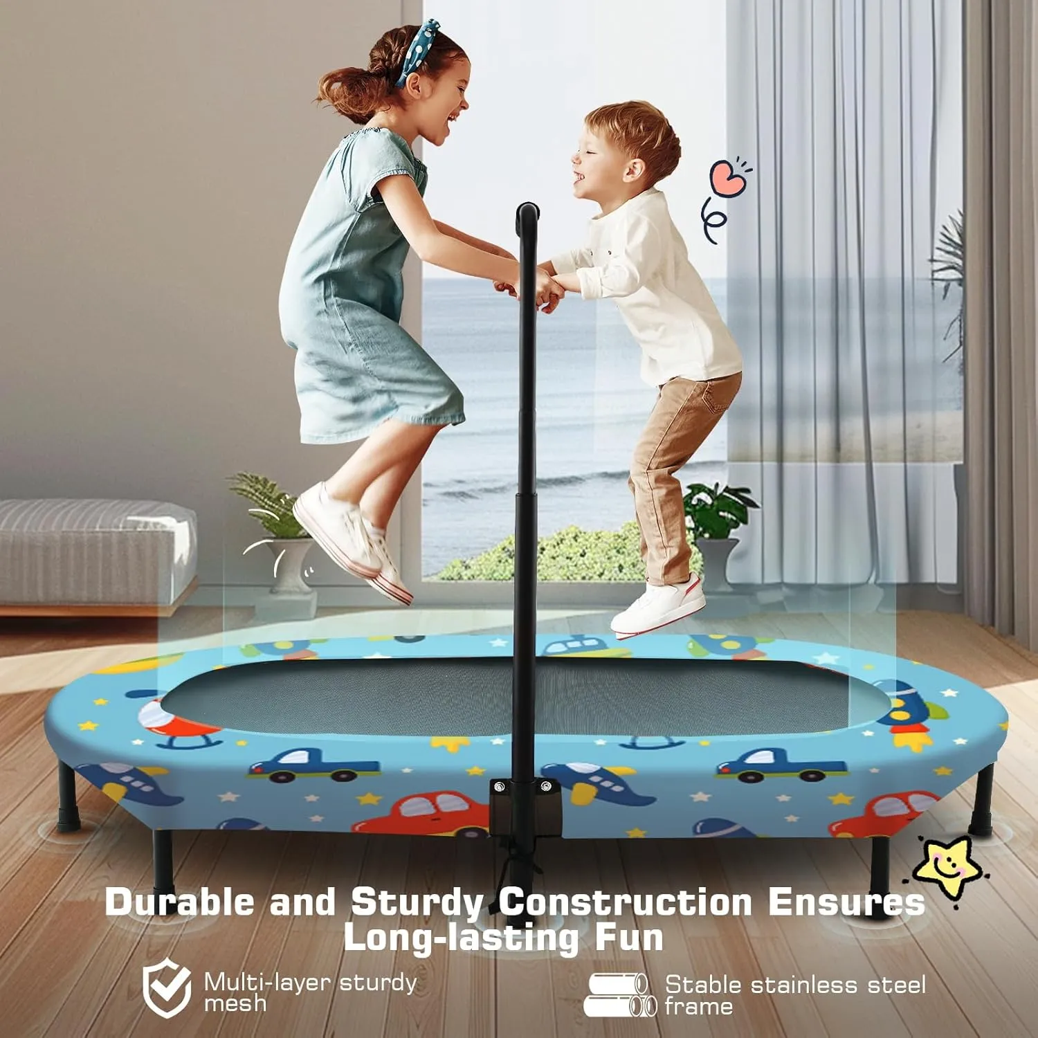 ANCHEER 56" Double Kids Trampoline with Adjustable Handlebar, 220lbs Capacity - Indoor/Outdoor Foldable Jumper for 2  Users (ASTM Certified)