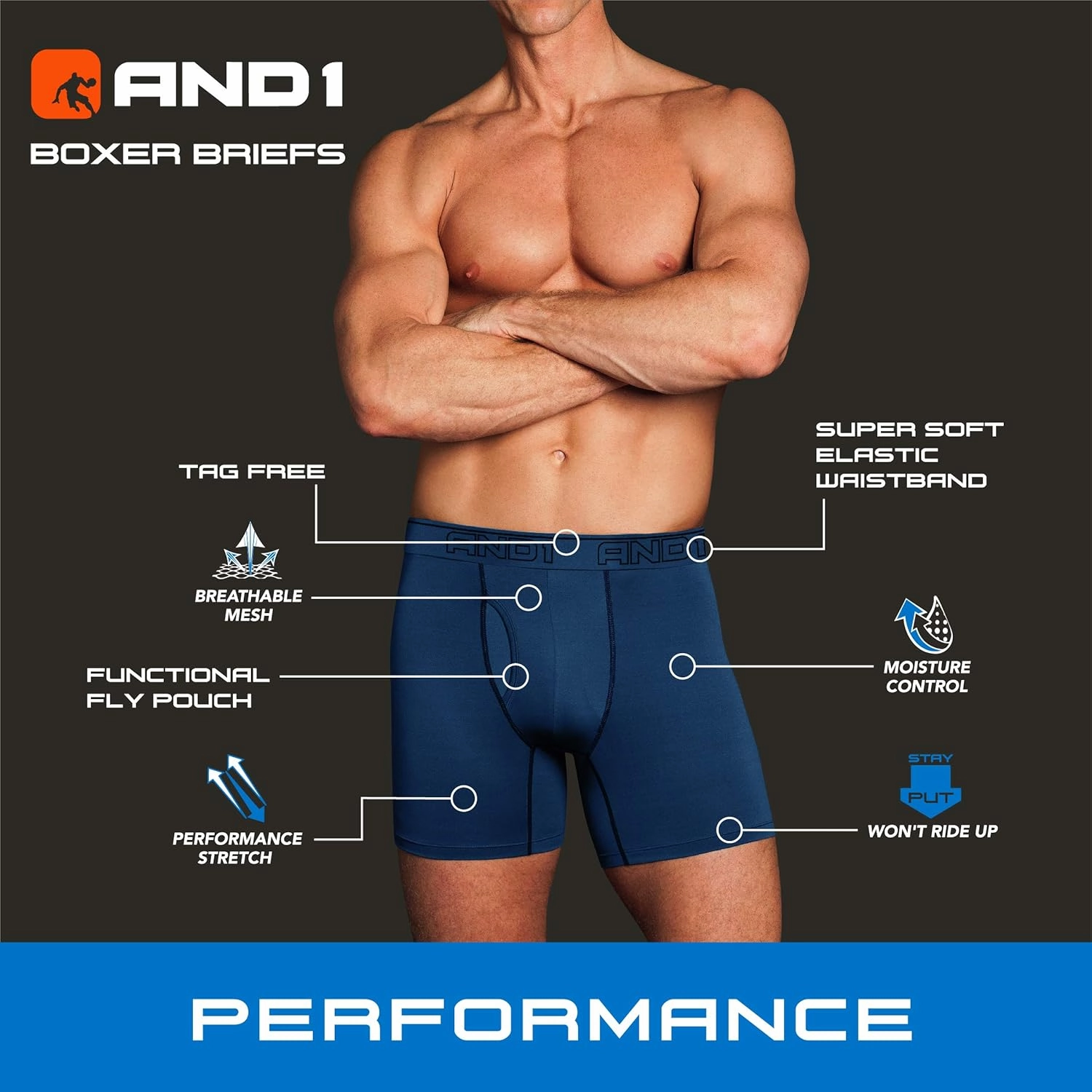 AND1 Men's Underwear Boxer Briefs - 12 Pack Sport Performance Compression Boxers for Men with Functional Fly Pouch (S-3XL)