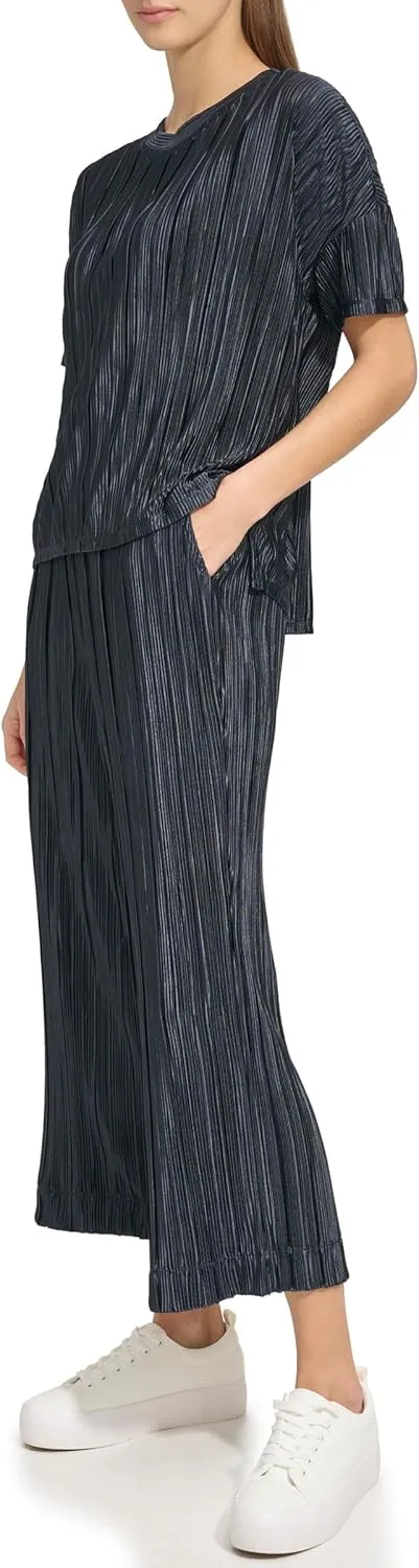 Andrew Marc Womens Short-sleeve Boxy Plisse Top