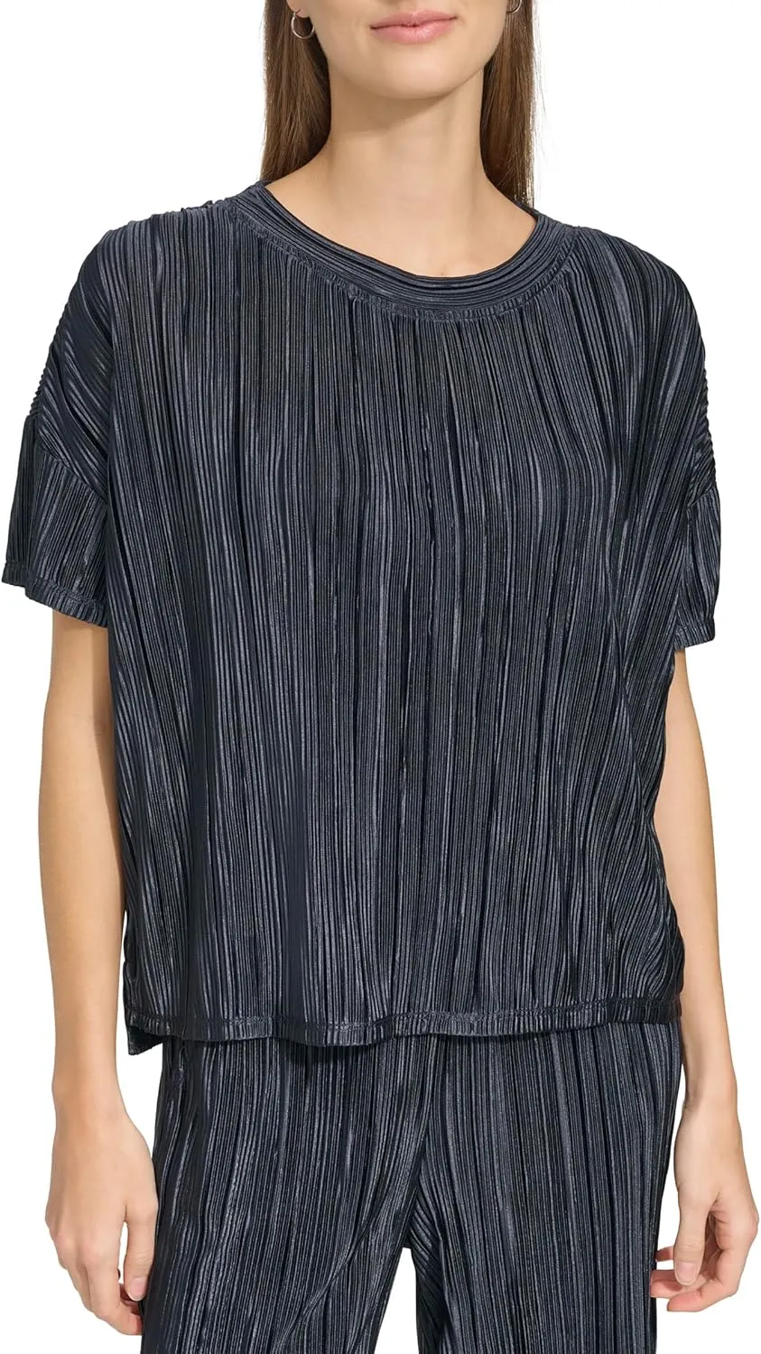 Andrew Marc Womens Short-sleeve Boxy Plisse Top