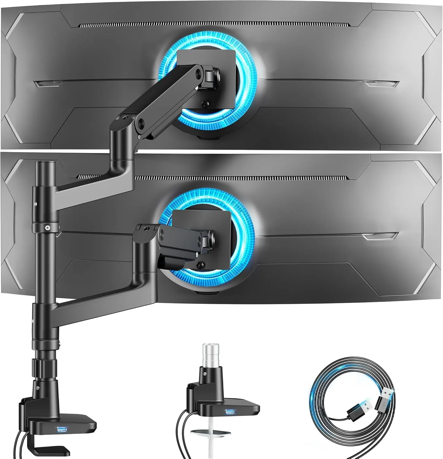 ARES WING Dual Monitor Arm for Ultrawide Heavy Duty Curved Monitor Stacking, Fits 17-49 Inch, Vertical Gas Spring Double Monitor Mount with USB, Adjustable Dual Monitor Mount for Desk, Black