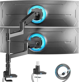 ARES WING Dual Monitor Arm for Ultrawide Heavy Duty Curved Monitor Stacking, Fits 17-49 Inch, Vertical Gas Spring Double Monitor Mount with USB, Adjustable Dual Monitor Mount for Desk, Black