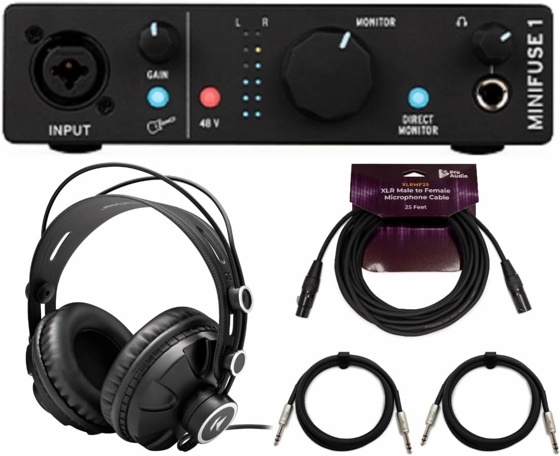 Arturia MiniFuse 1 USB-C Audio Interface (Black) Bundle with Studio Monitor Headphones, XLR Cable, and TRS Cable (2-Pack) (5 Items)