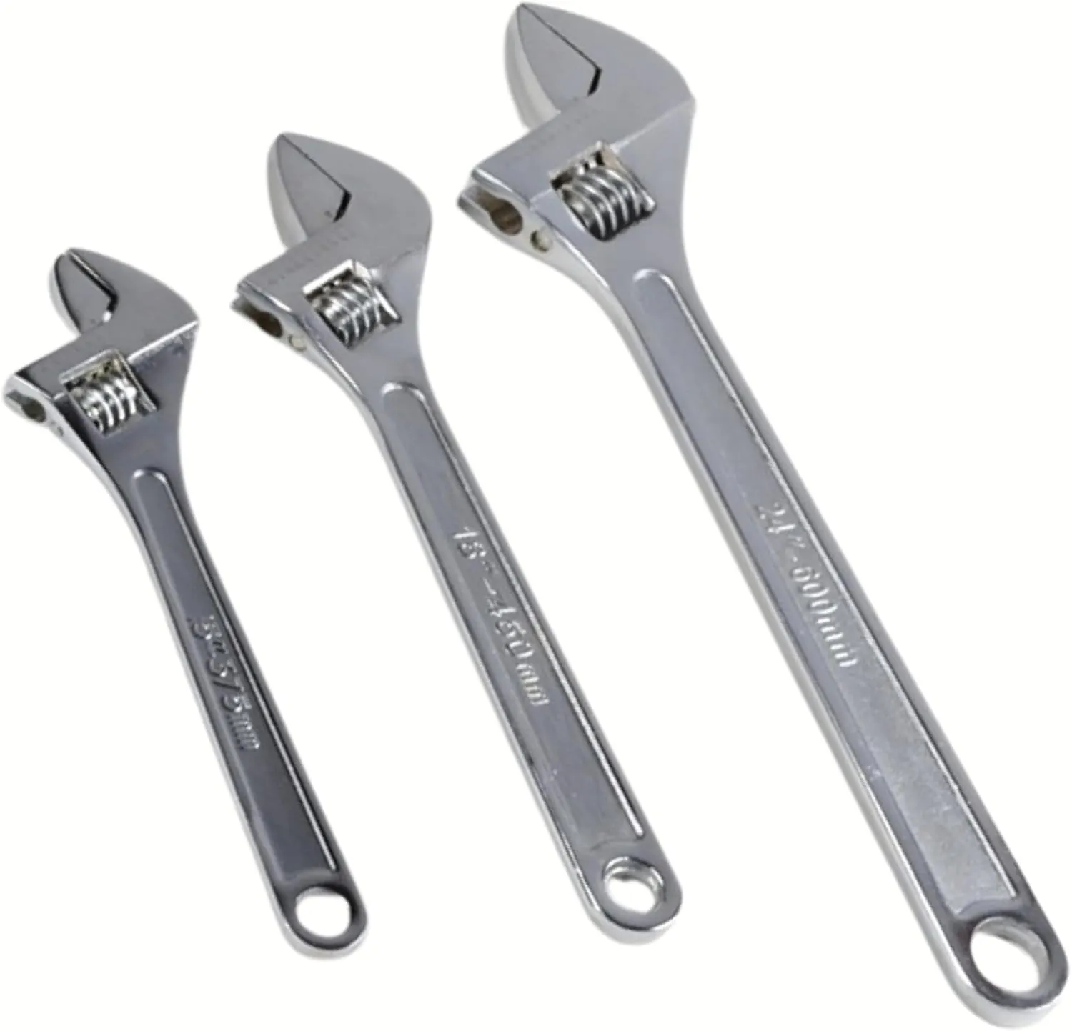 ATE Pro. Tools - 3pc Adjustable Wrench Set, Chromed Plated, Forged, Heat Treated, Cr-V Steel, Industrial Grade, Accurate Jaw Scale, 15" inch, 18" inch, 24" inch Adjustable Wrench