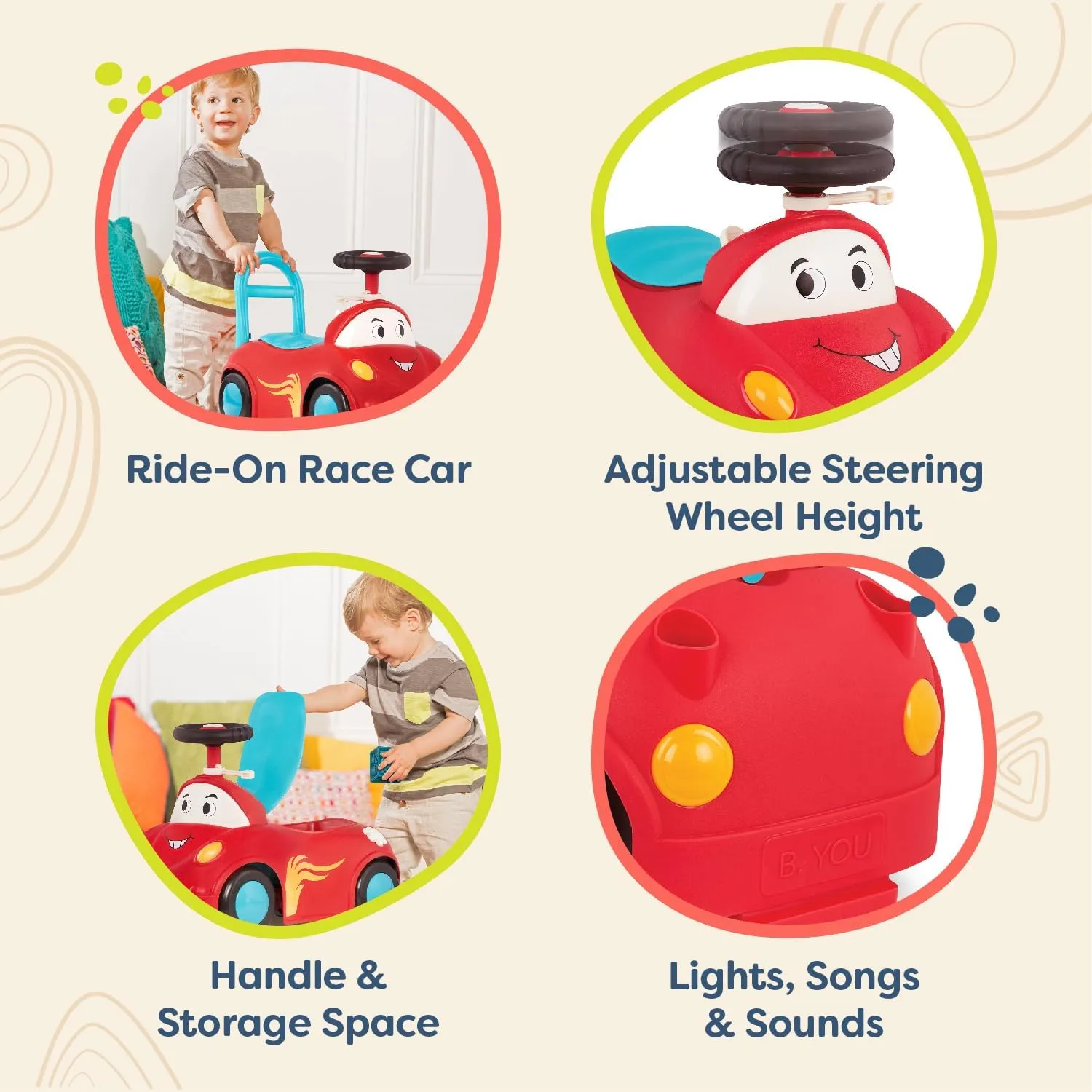 B. toys – Push CarToy – Ride-On Race Car –Walker Toy - Handle & Storage Space – Lights, Songs & Sounds – 1 Year   – Rollin' Riders - Freddy Zoom