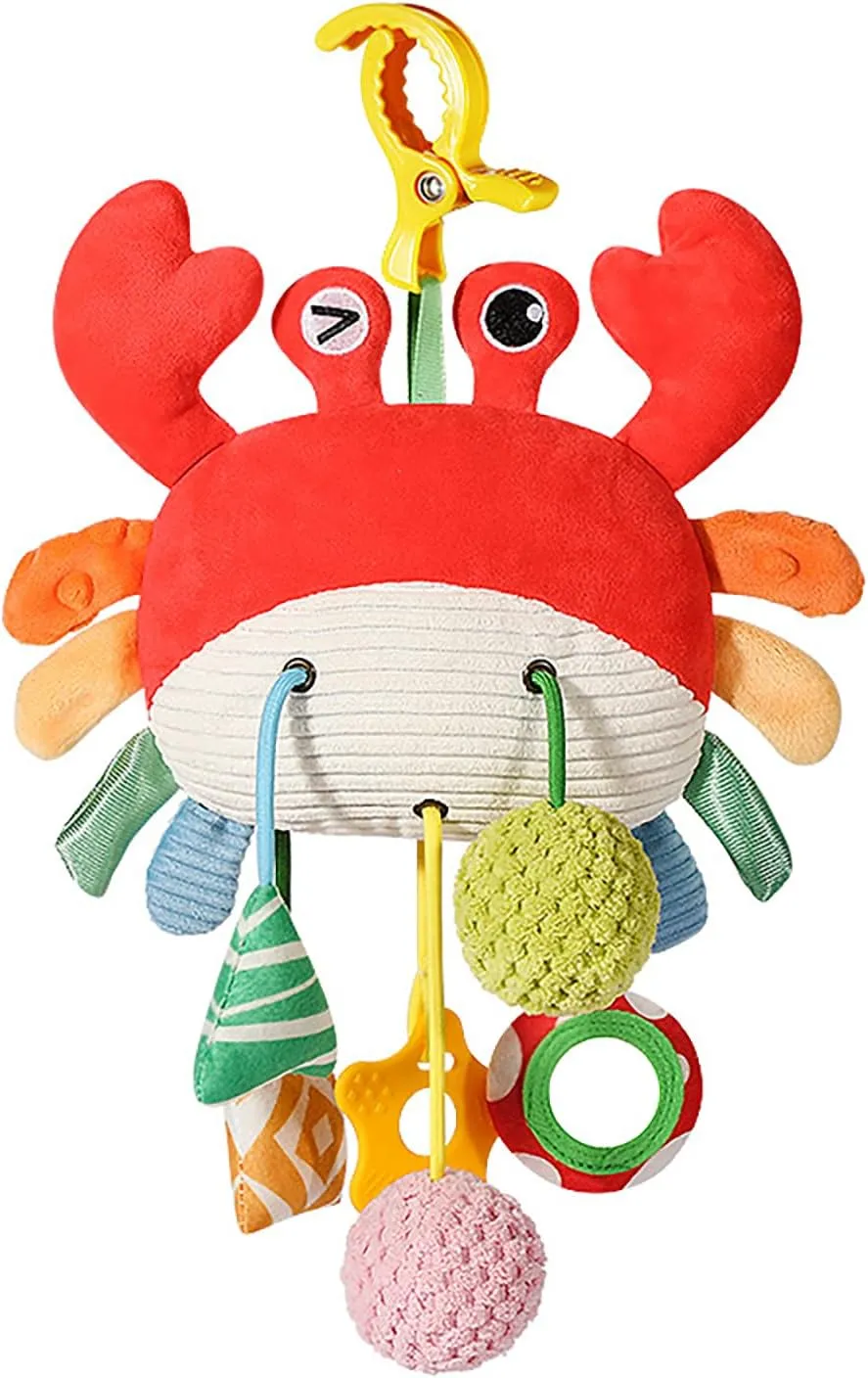 Baby Crab Plush Activity Toy, Hanging Sensory Pendant with Dangling Toys, Red and Multicolor