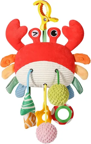 Baby Crab Plush Activity Toy, Hanging Sensory Pendant with Dangling Toys, Red and Multicolor