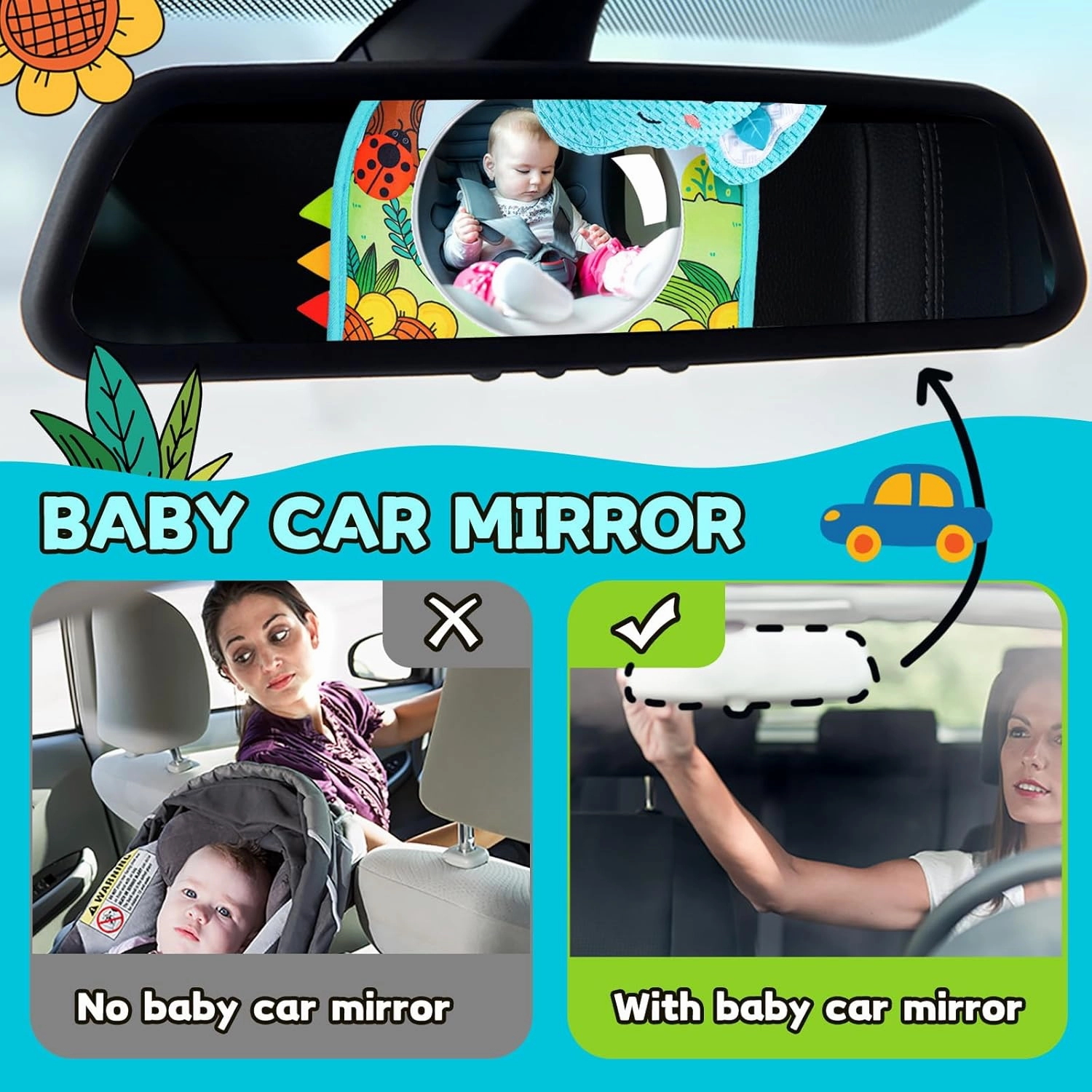 Baby Car Seat Toys - Mirror, Teether & Crinkle Paper - Rear Facing & Tummy Time - Fun Travel Toy