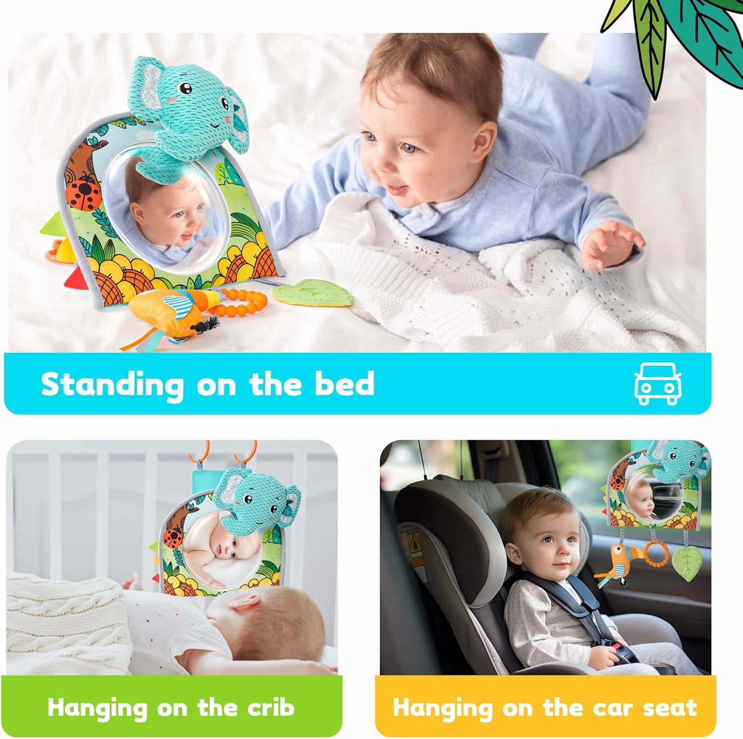 Baby Car Seat Toys - Mirror, Teether & Crinkle Paper - Rear Facing & Tummy Time - Fun Travel Toy