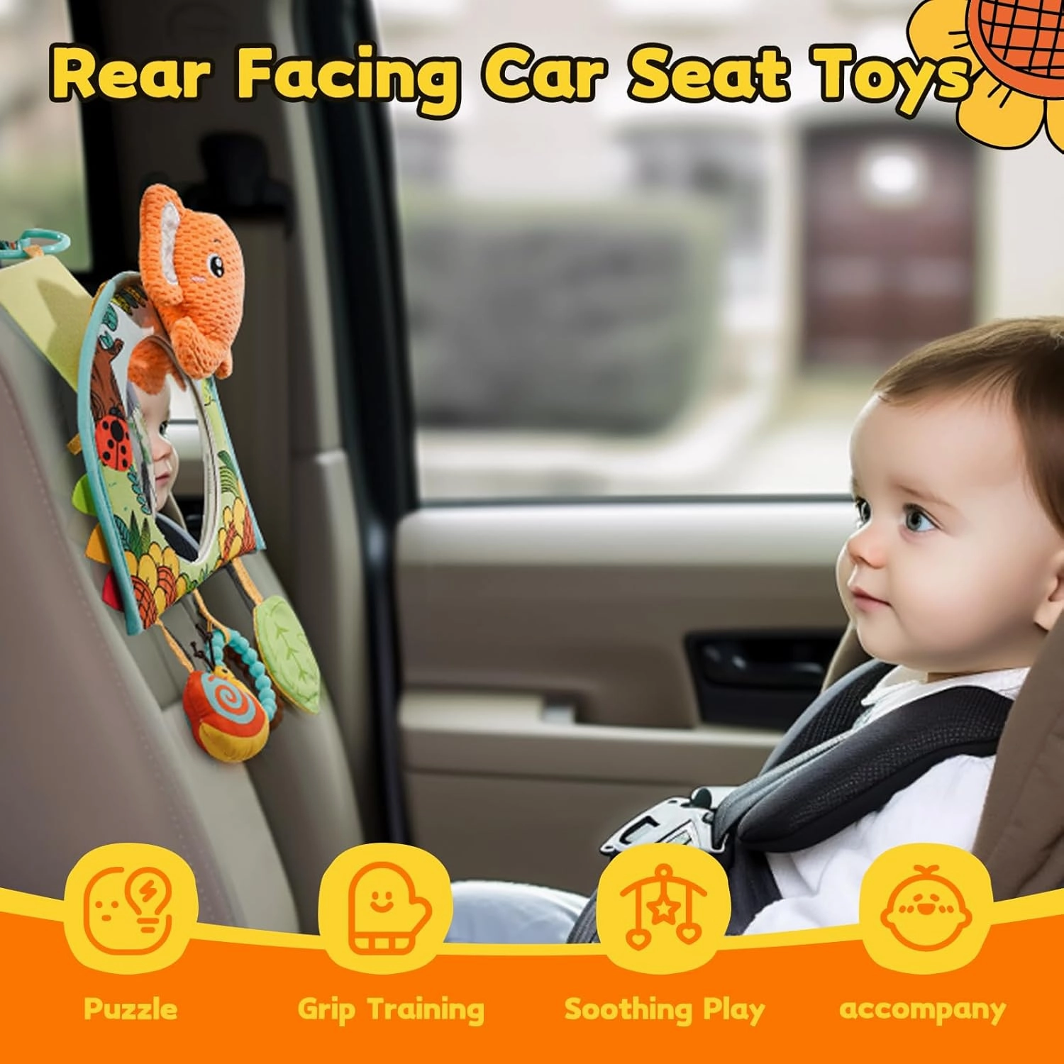 Baby Car Seat Toys - Mirror, Teether & Crinkle Paper - Rear Facing & Tummy Time - Fun Travel Toy