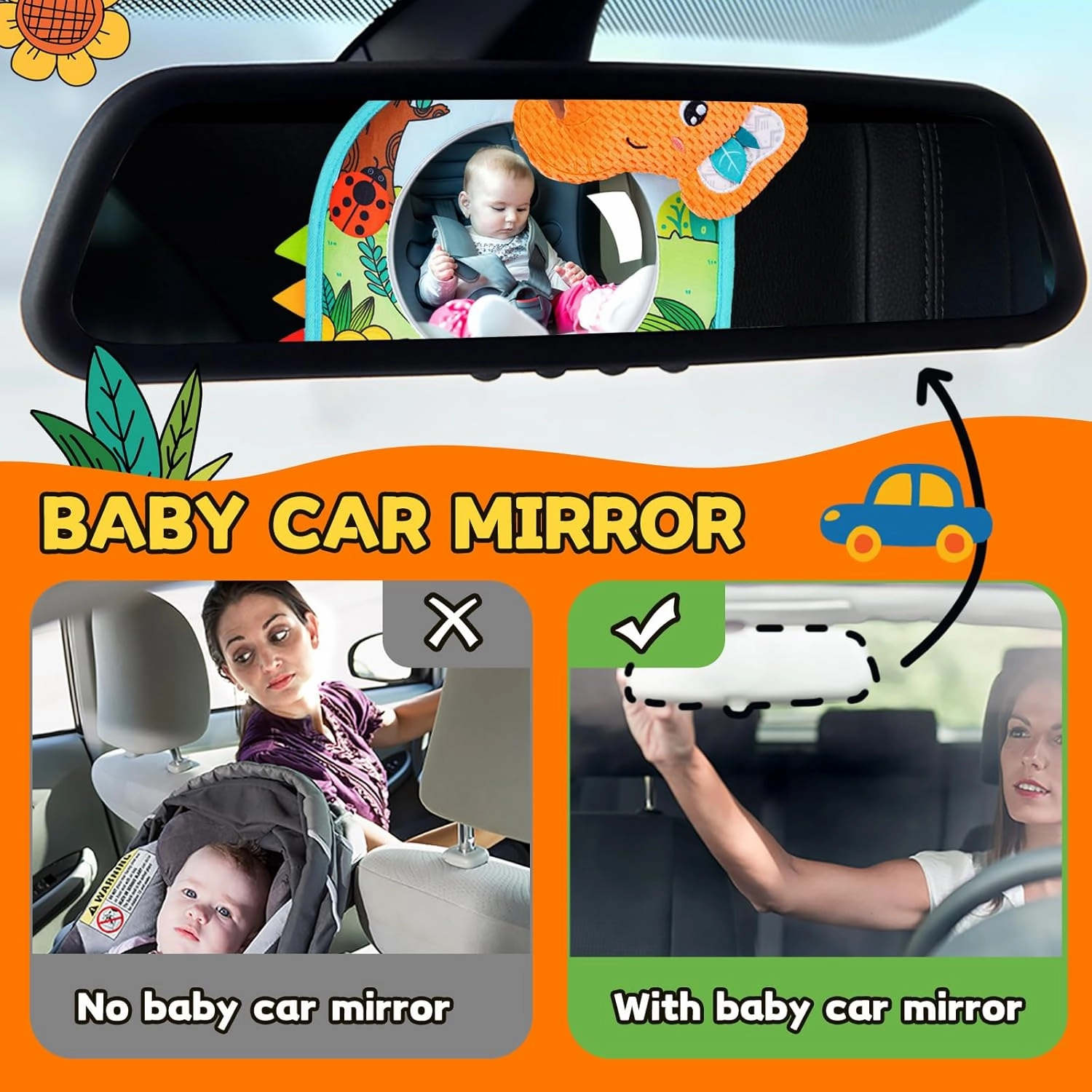 Baby Car Seat Toys - Mirror, Teether & Crinkle Paper - Rear Facing & Tummy Time - Fun Travel Toy
