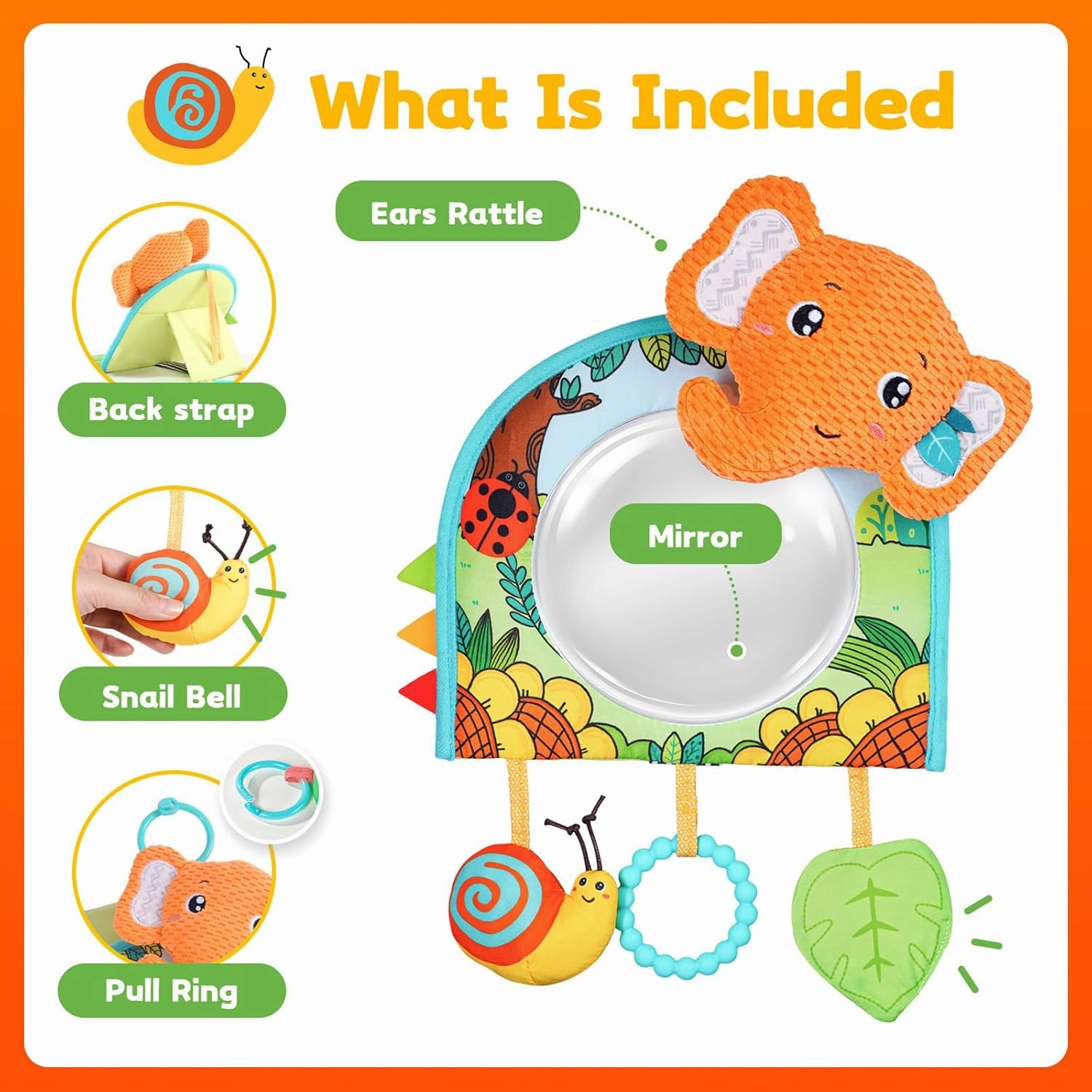 Baby Car Seat Toys - Mirror, Teether & Crinkle Paper - Rear Facing & Tummy Time - Fun Travel Toy