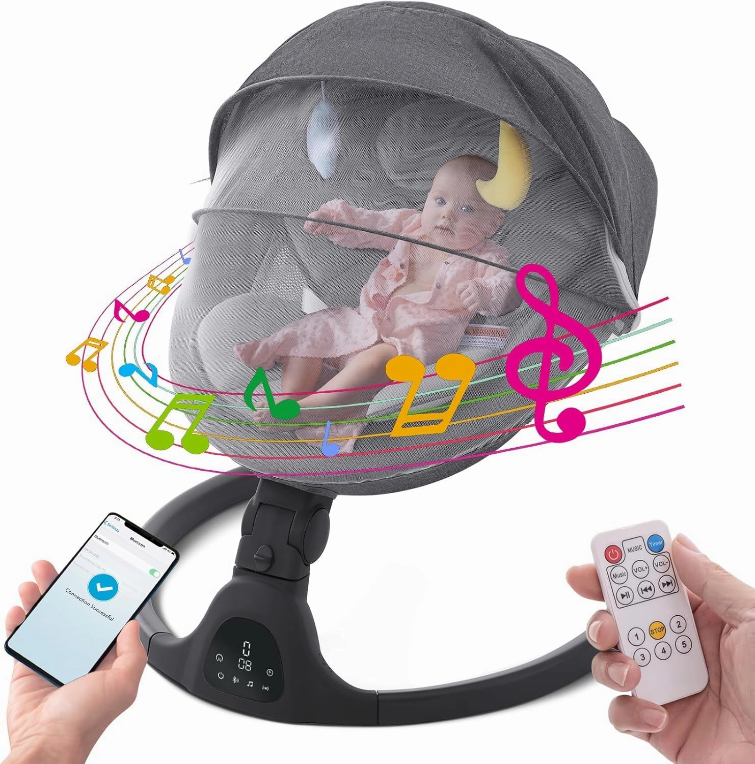 Baby Swing for Infants,Comfort Cradling Baby Rocker Portable Newborn Swing with Music/Remote Control/Timing Function,Black