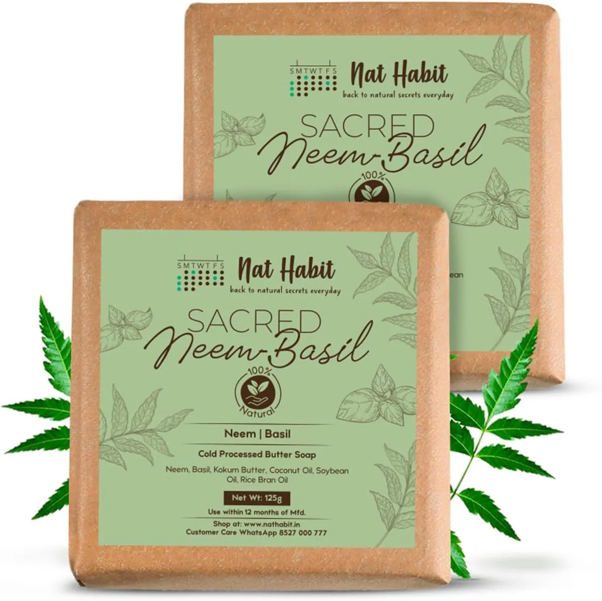 Back To Natural Secrets Everyday Sacred Neem Basil Soap, 125g | Handmade Butter Bath Soap (Twin Pack of 2)