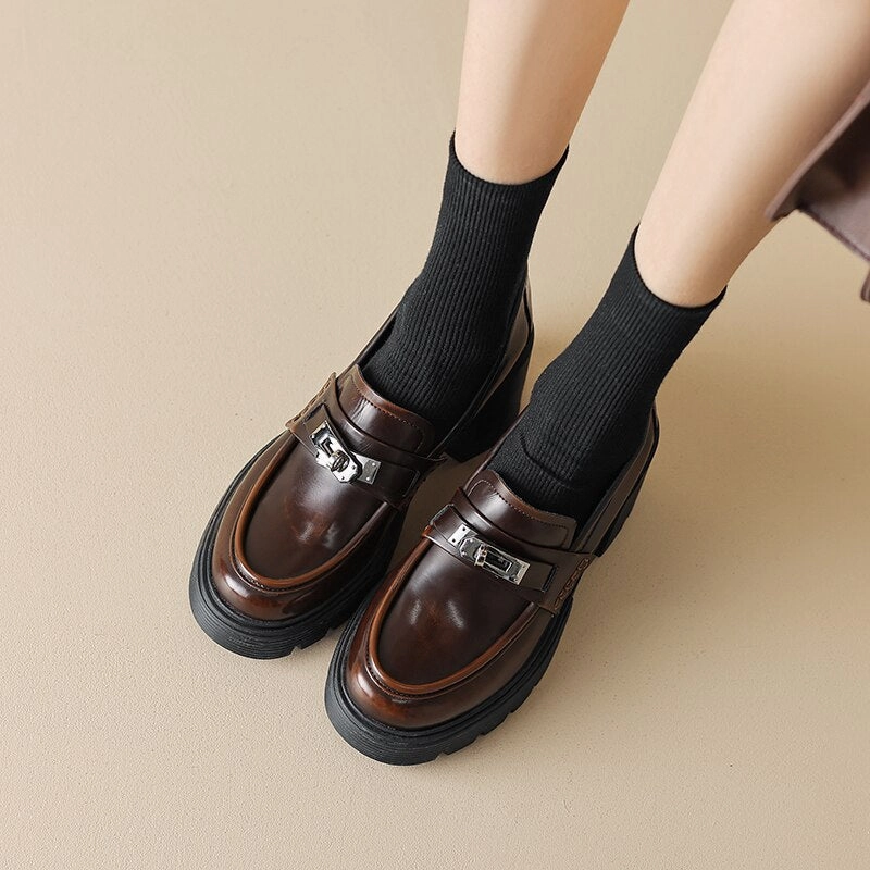 Back to school  Spring women pumps natural leather 22-24.5cm Vintage waxed cowhide   pigskin full leather  loafers women shoes thick heels