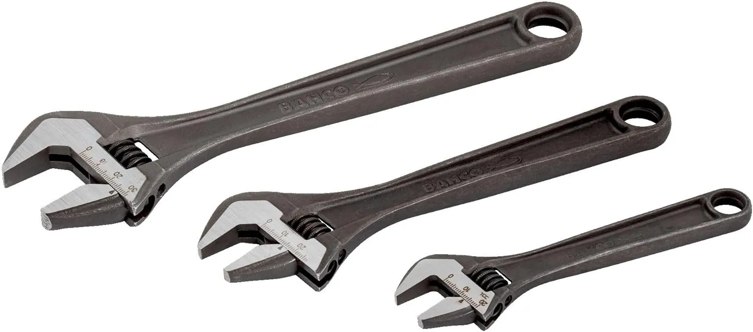 Bahco BHADJUST 3 ADJ3 Set of 3 Adjustable Wrenches (8070/8071 / 8072), Grey, 16 degree head angle