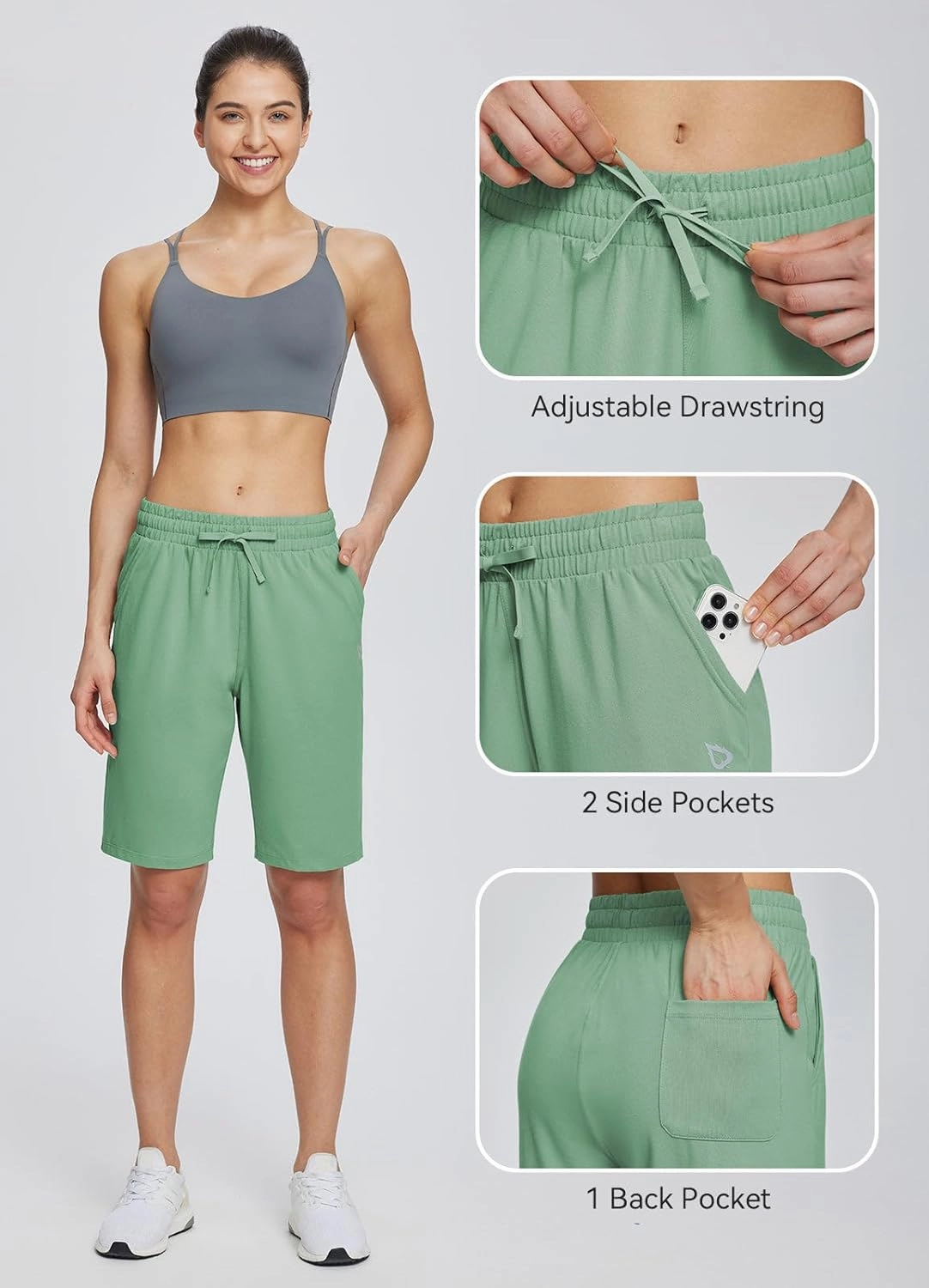 baleaf Women's Cotton Bermuda Long Shorts 10" Knee Length Loose Drawstring Waist Sweat Shorts with Pockets Casual Summer