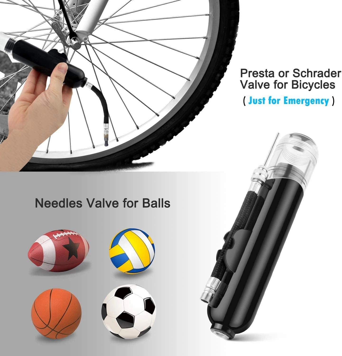 Ball Pump, Dual Action Inflate Air Pump with 3 Needles and 2 Nozzles for Soccer Ball, Basketball, Volleyball, Balloons, Bikes