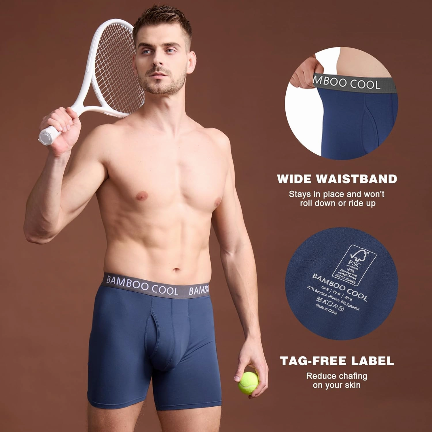 BAMBOO COOL Men's Ultra ComfortSoft Underwear, Moisture Wicking & Breathable No Ride Up Boxer Briefs with Fly, Multipack