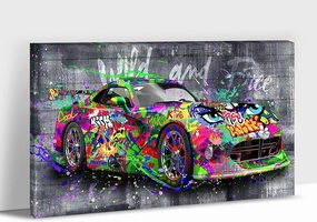 Banksy Graffiti Wall Art, Street Graffiti Canvas Prints, Colorful Cool Sports Car Pictures Funny Graffiti Poster Gift for Men Teen, Modern Banksy Painting Framed Artwork for Room Decor 18x24 Inches