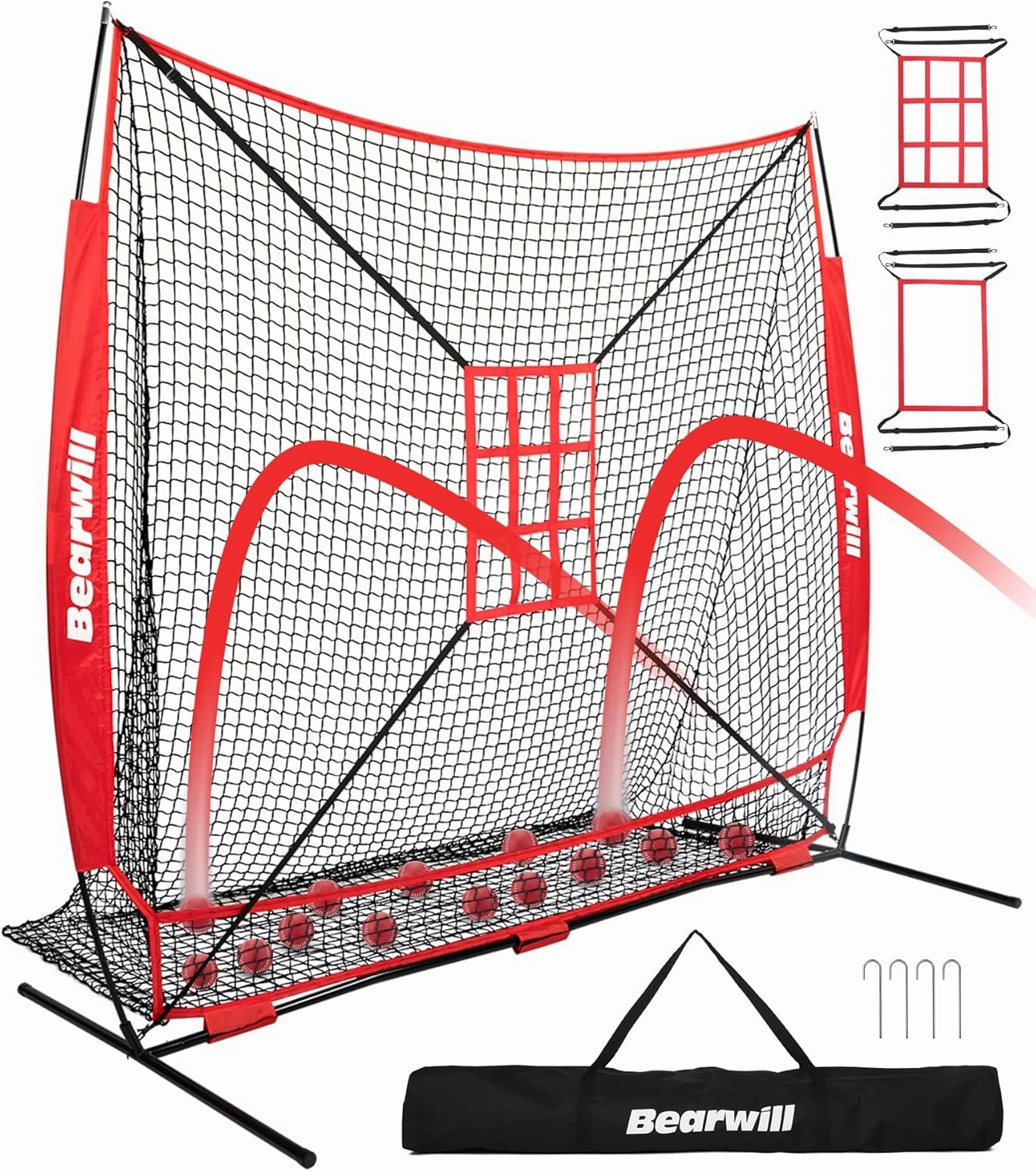 Baseball Net, 7x7ft Baseball Softball Pitching Net with Large Ball Collection System, Hitting Net Batting Net with Tee, 2 Strike Zones, Carry Bag, Baseball Nets for Batting Hitting Pitching