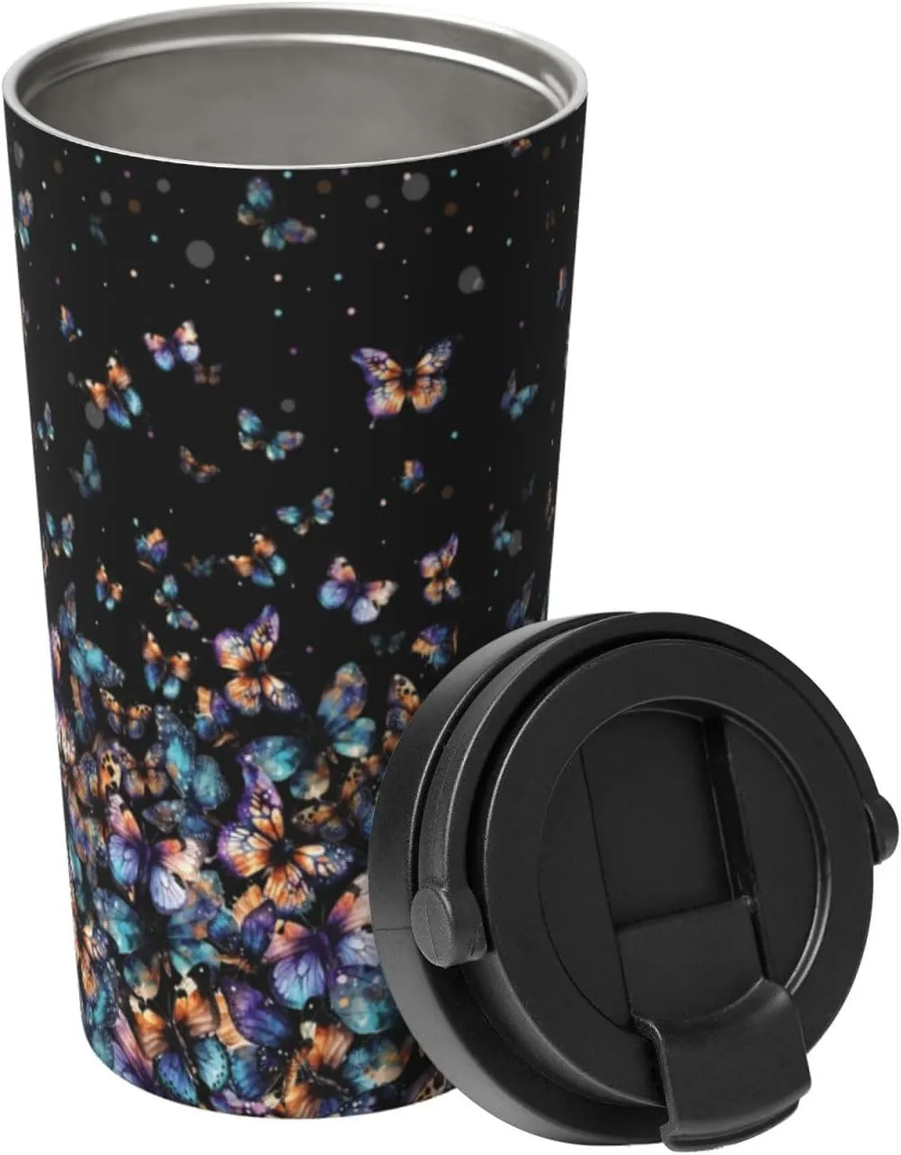 bassyil Colorful Butterfly 17oz Insulated Coffee Mug with Flip Lid Handle Stainless Steel Insulated Travel Tumbler Spill Proof