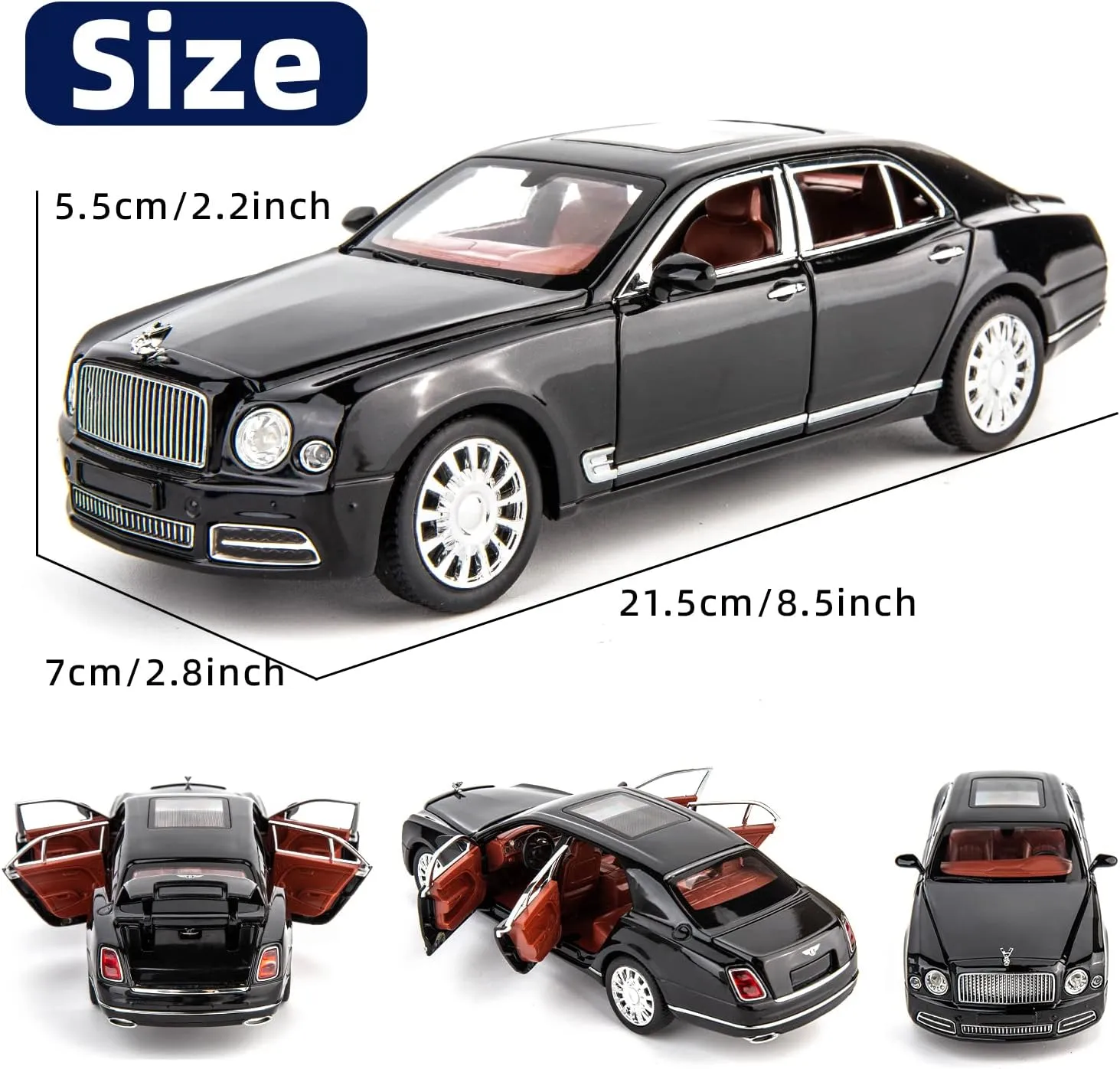 BDTCTK Compatible for 1:24 Scale Bentley Mulsanne Diecast Cars Models, Pull Back Car Toys with 6 Open Doors, Light and Sound, Boys Toys Kids Adults Gifts(Black)