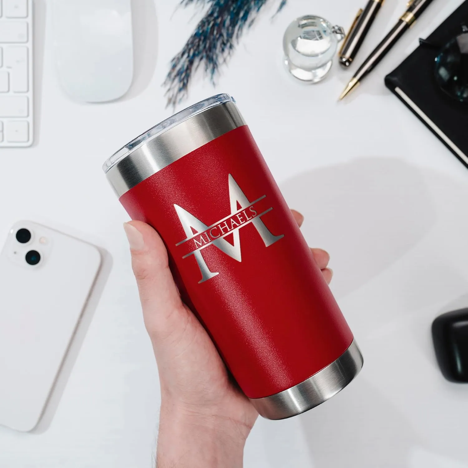 Be Burgundy Personalized Tumbler with Engraved Name - 12 Designs, 20 Oz Coffee Tumbler with Slider Lid, Red, Double Wall Insulated - Gift for Mom, Women, Personalized Birthday Gift for Her